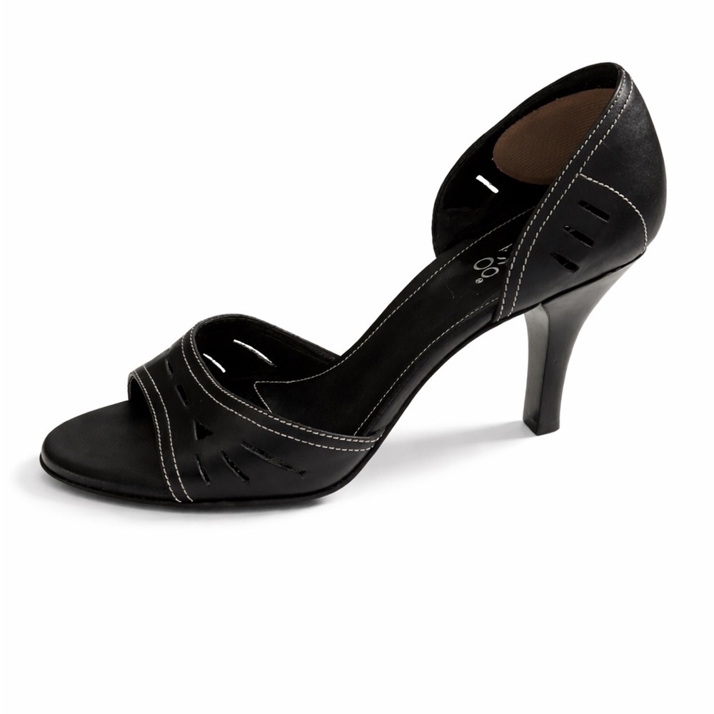 Franco Sarto Black Leather High Heel Sandals White Stitching D’Orsay NEW